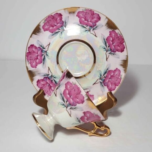 Pink Flowers Teacup and Saucer Opalescent Vintage - Picture 8 of 8